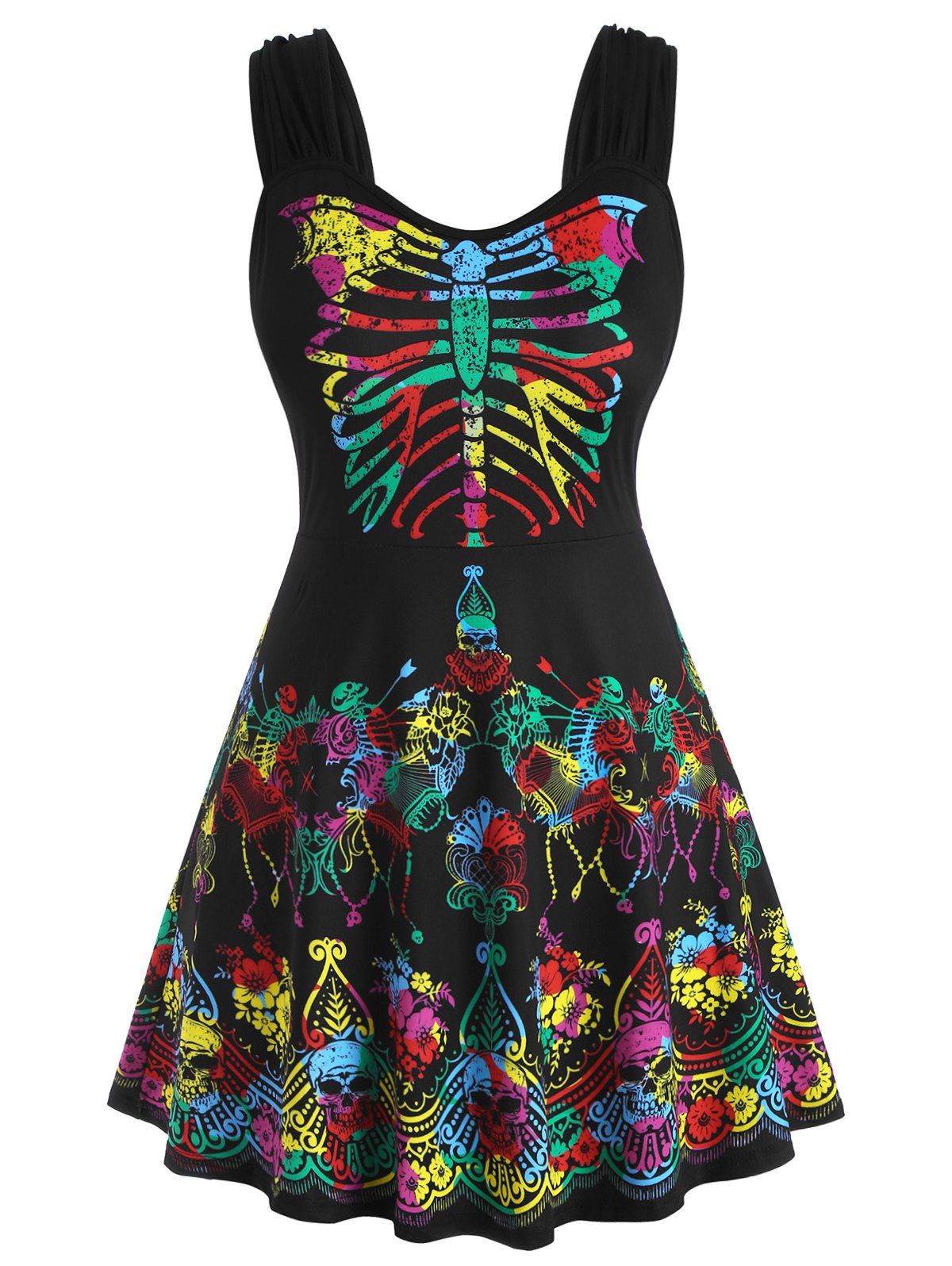 

Skull Floral Butterfly Skeleton Halloween Plus Size Tank Top, Black