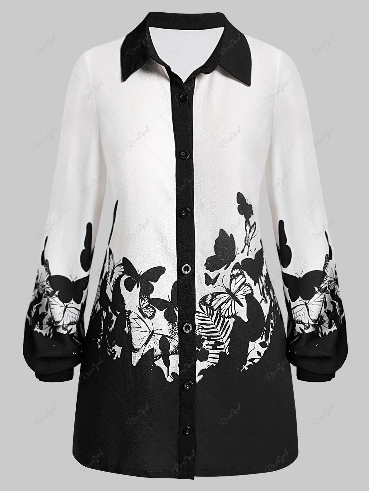 Unique Shirt Collar Butterfly Print Tunic Blouse  