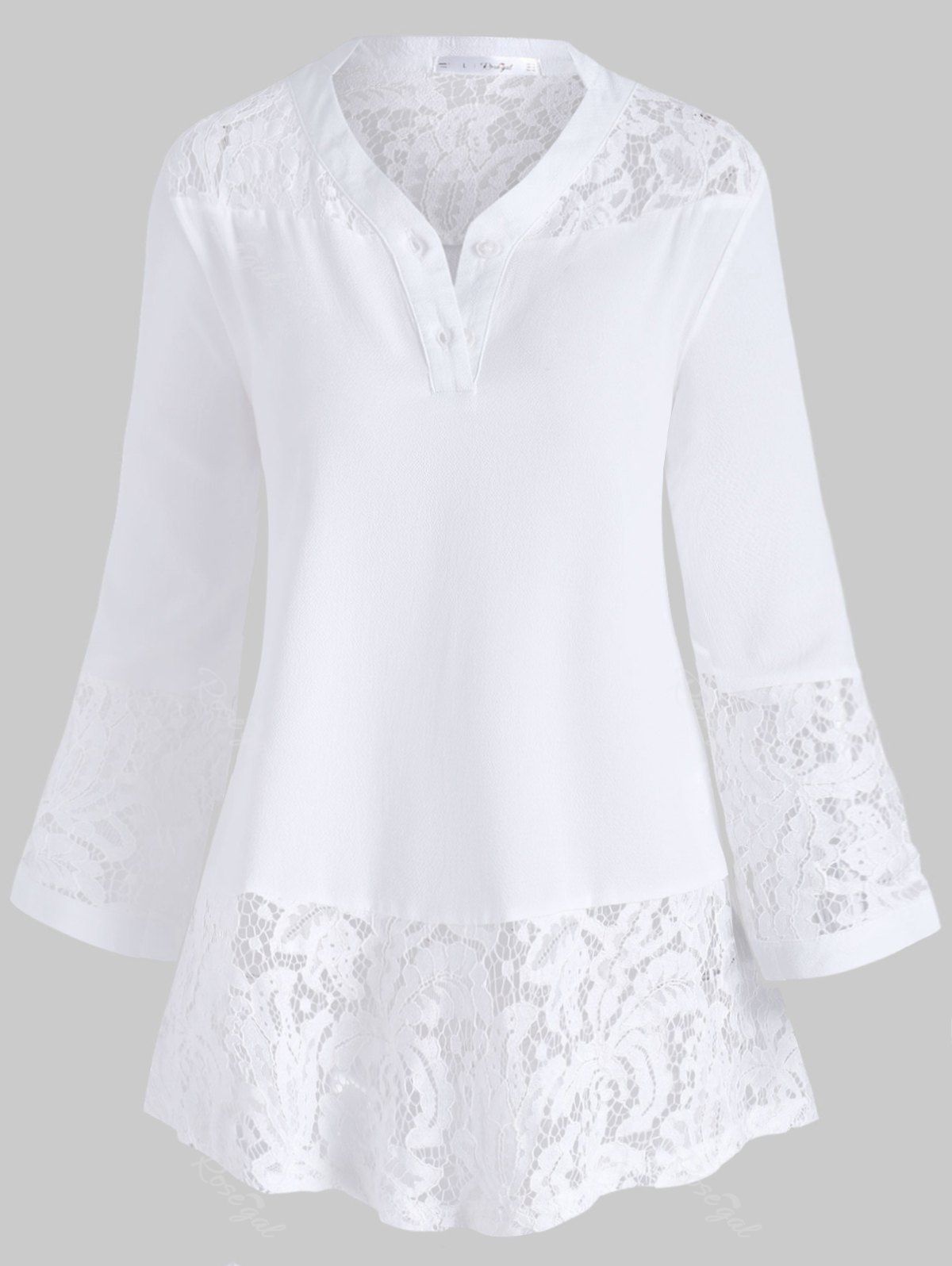 

V Neck Buttoned Front Lace Panel Plus Size Blouse, White