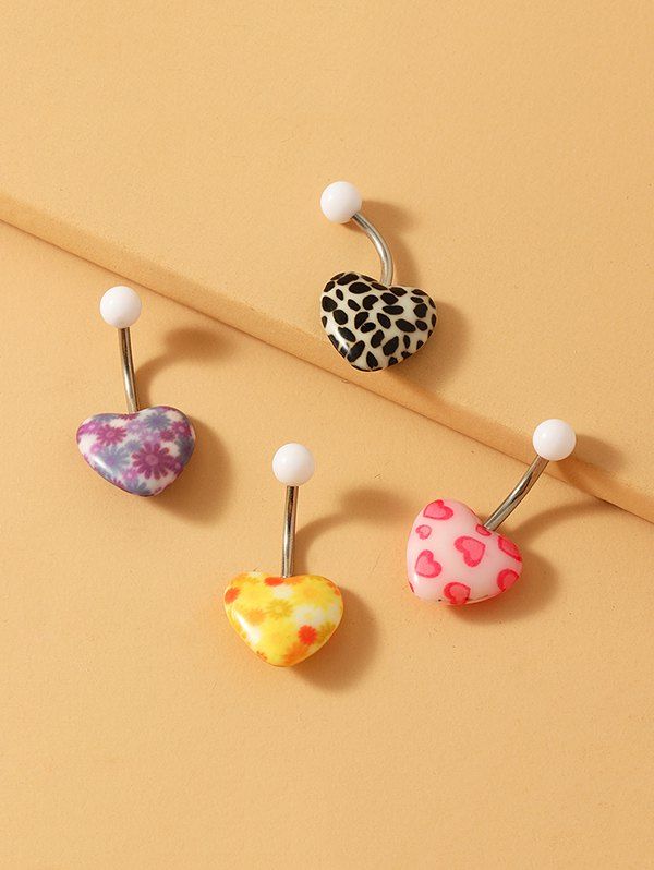 

4Pcs Heart Shape Floral Navel Ring Set, Multi-a
