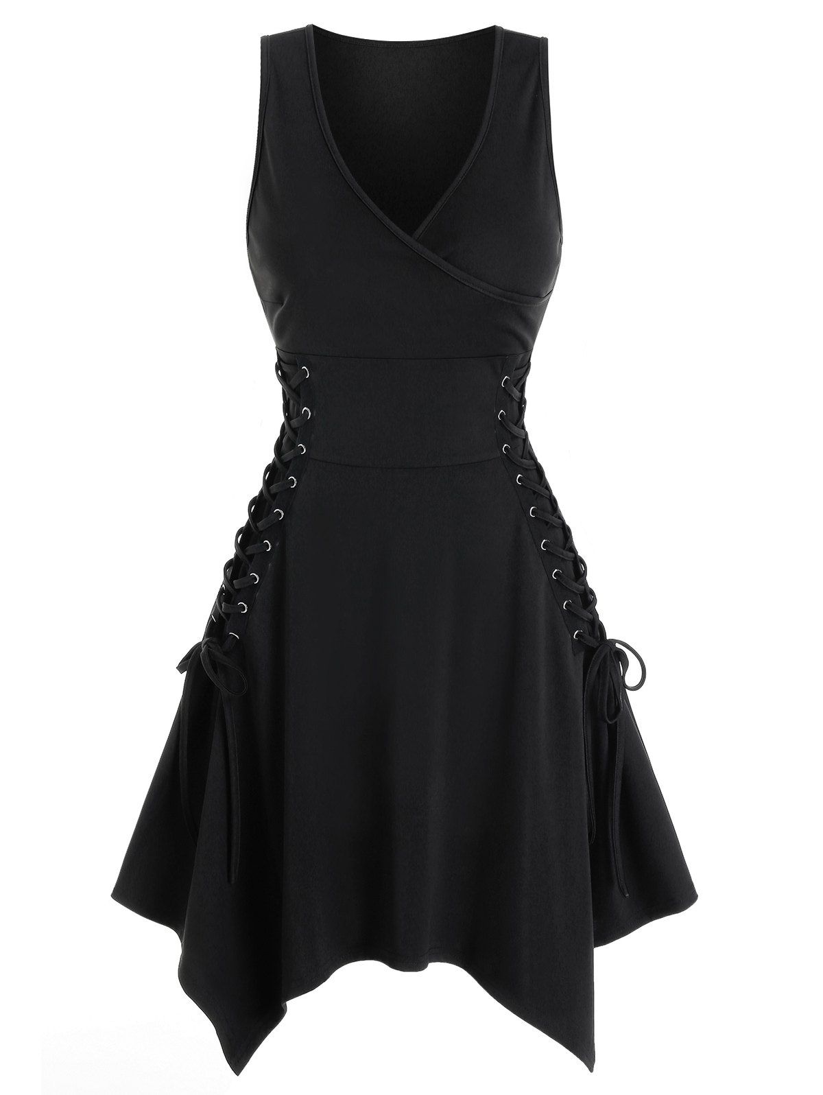 

Sleeveless Side Lace-up Handkerchief Dress, Black