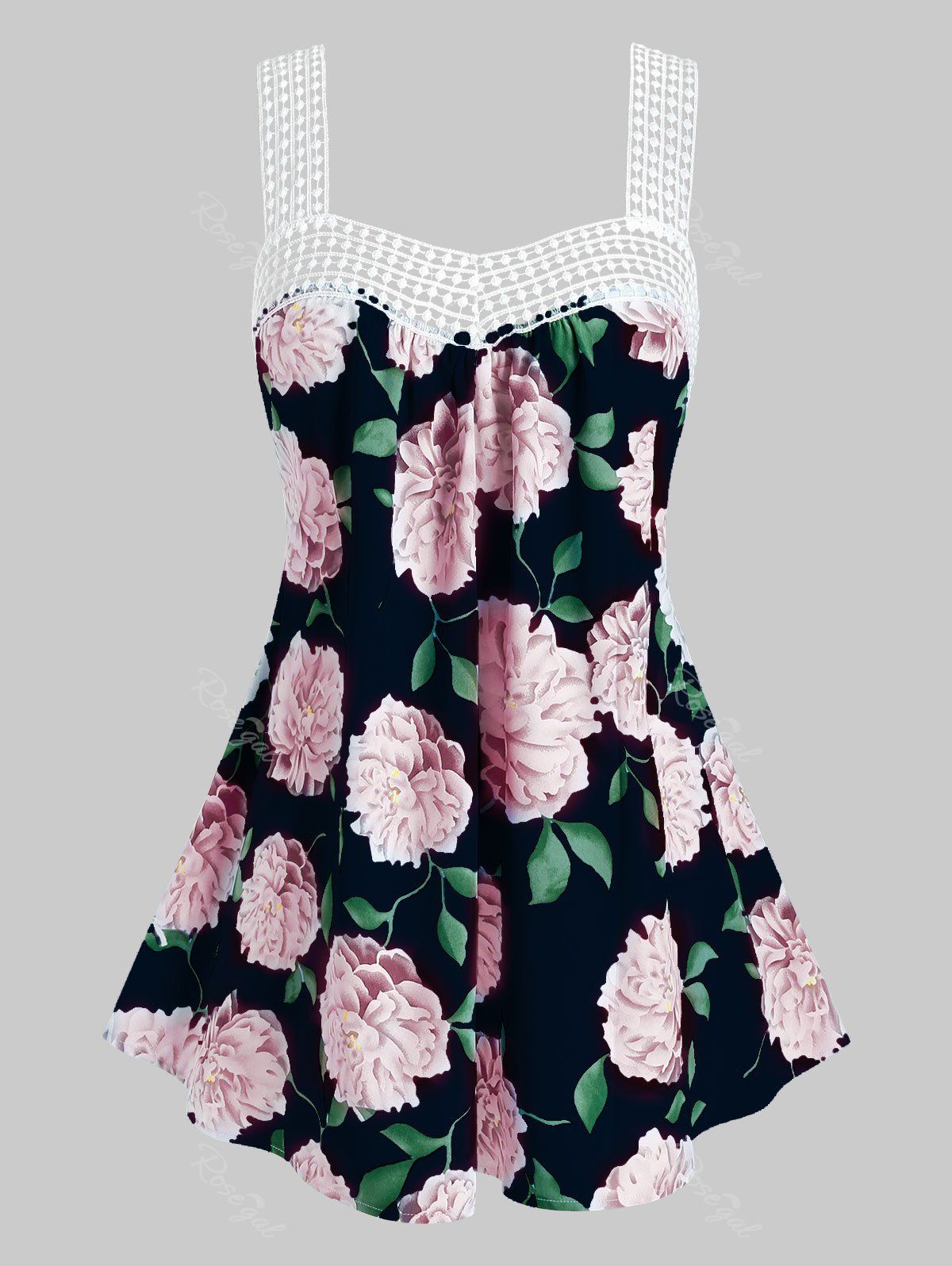 

Plus Size Flower Print Crochet Panel Backless Tunic Tank Top, Black