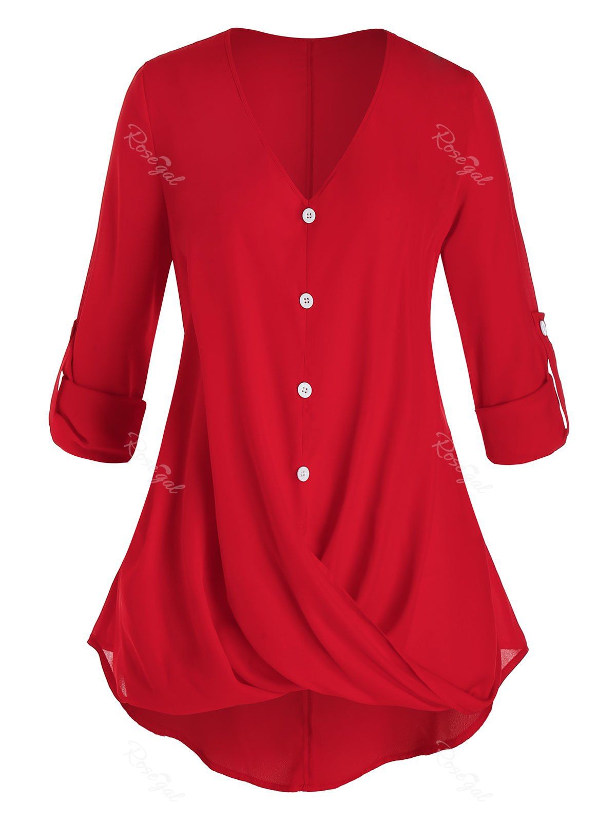 

Plus Size Crossover Button Tab Sleeve Curved Blouse, Red