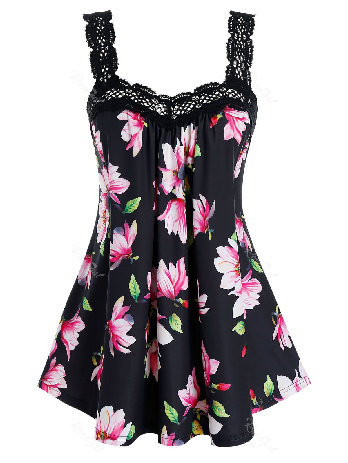 Plus Size Lace Trim Floral Print Tank Top