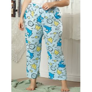 

Plus Size Cartoon Infauna Print Pyjama Bottoms, Light blue