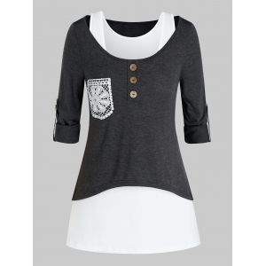 

Plus Size Crochet Pocket Button Tab Sleeve T-shirt and Tank Top Set, Ash gray