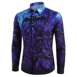 

Halloween Starry Bat Print Long Sleeve Button Up Shirt, Blue