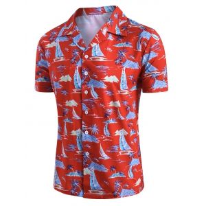 

Palm Tree Sailboat Print Button Up Hawaii Shirt, Multi