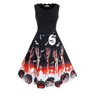 

Plus Size Halloween Pumpkin Skull Bat Print Scalloped Retro Dress, Black