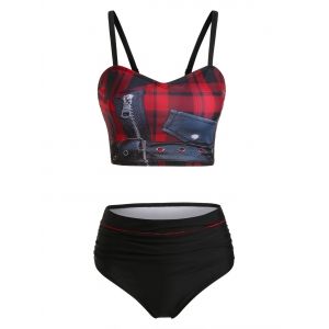 

Plaid 3D Print Padded Gothic Bikini Set, Black