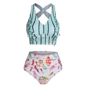 

Feather Striped Print Lace-up Ruched Padded Tankini Set, Light green