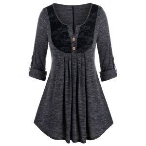 

Plus Size Space Dye Button Tab Sleeve Lace Panel V Notch Tee, Smokey gray