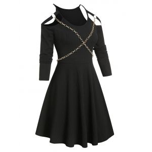 

Chain Detail Ribbed Cold Shoulder Gothic Dress, Black