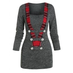 

Button Detail Plaid Print Ribbed Sweater, Gray