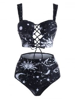 Moon Sun Star Print Lace Up Tummy Control Tankini Swimwear - WHITE - XL