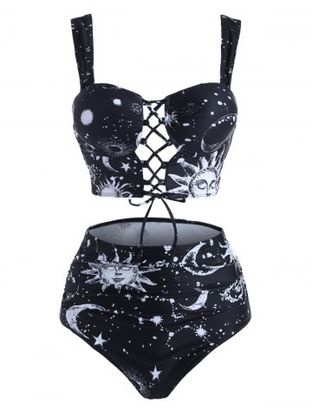Moon Sun Star Print Lace Up Tummy Control Tankini Swimwear