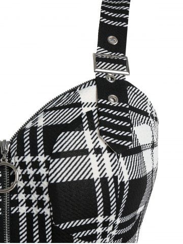 

Plaid Print Buckle Strap Zip Up Crop Top, Black