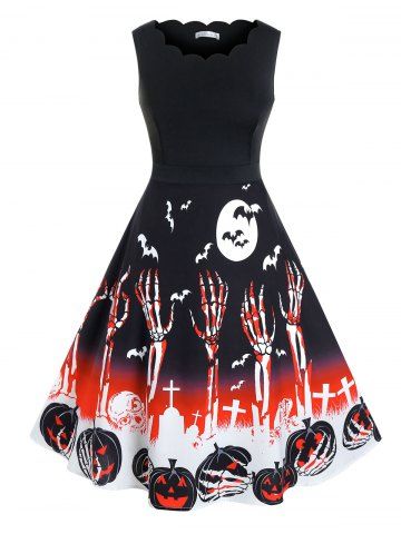 Plus Size Halloween Pumpkin Skull Bat Print Scalloped Retro Dress