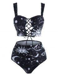 Maillot de Bain Tankini Gainant à Imprimé Léopard Lune Etoile Soleil à Lacets - Blanc 2XL