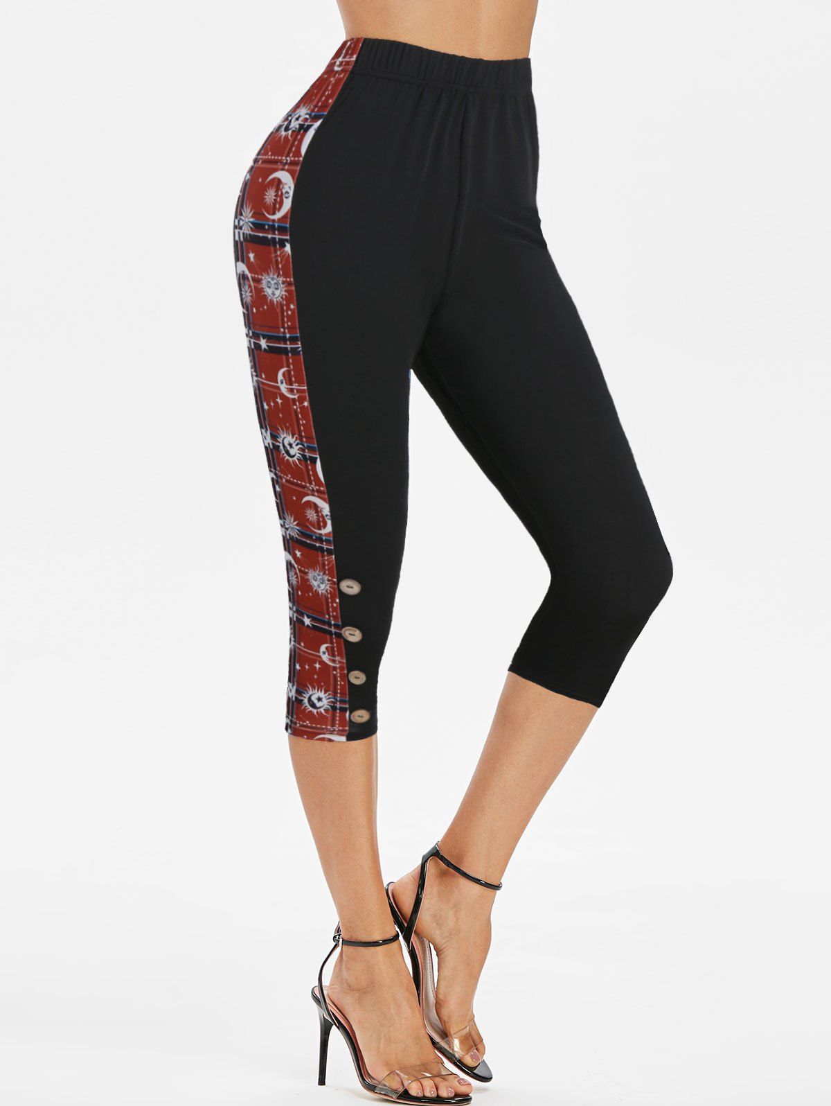

Star Moon Print Button Elastic Waist Capri Leggings, Multi-a