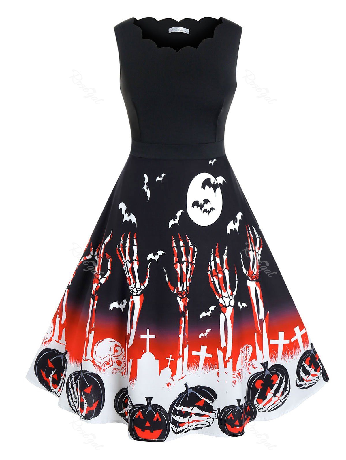 Outfit Plus Size Halloween Pumpkin Skull Bat Print Scalloped Retro Dress  