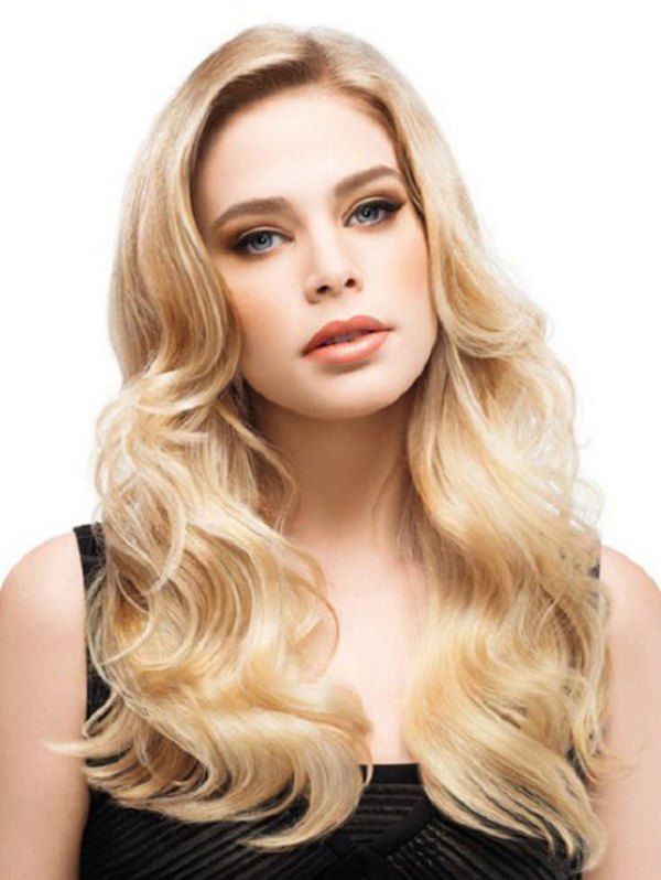 

Fluffy Long Body Wave Side Part Blonde Synthetic Wig, Blanched almond