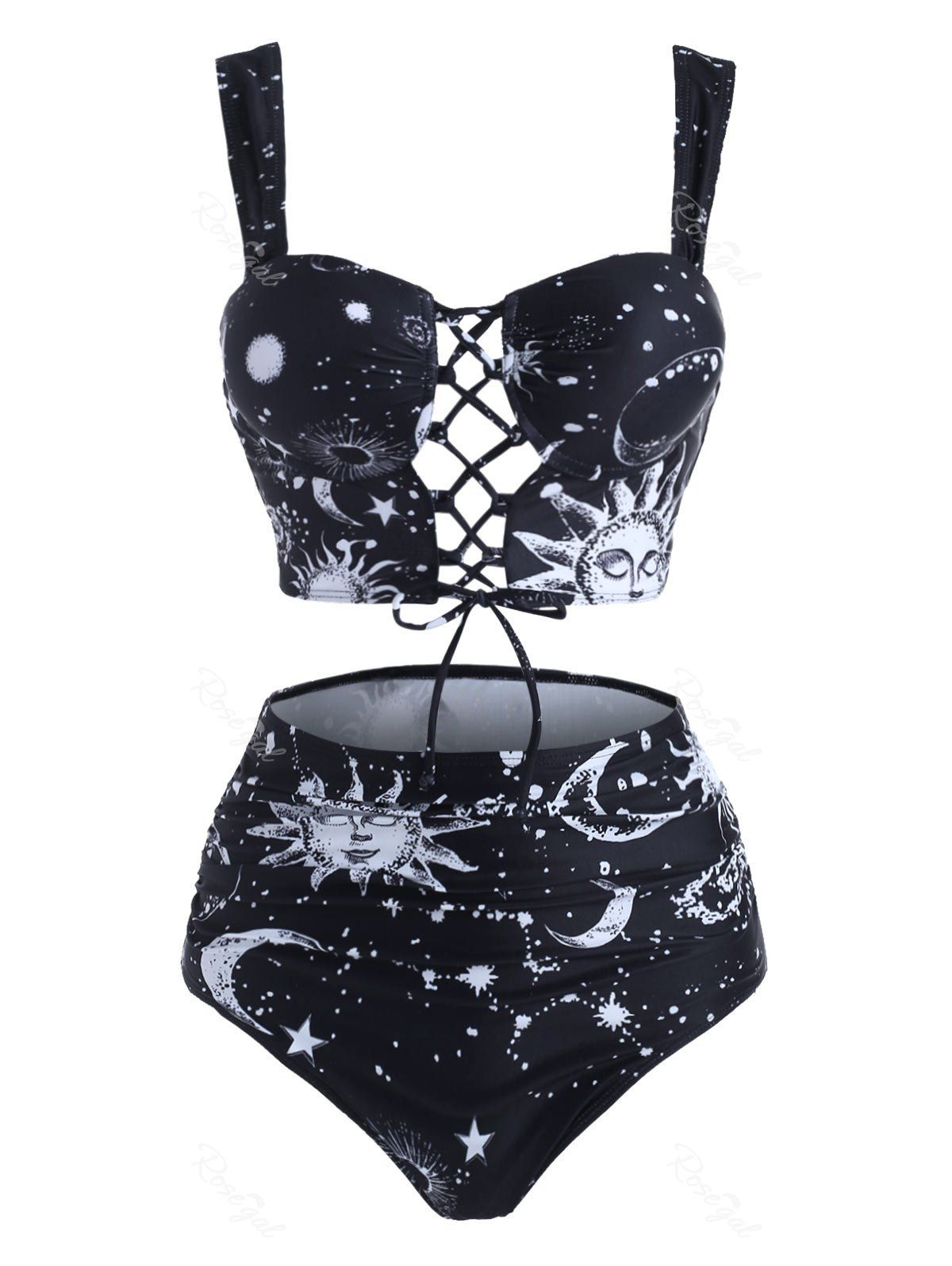 Maillot de Bain Tankini Gainant à Imprimé Léopard Lune Etoile Soleil à Lacets Blanc 2XL