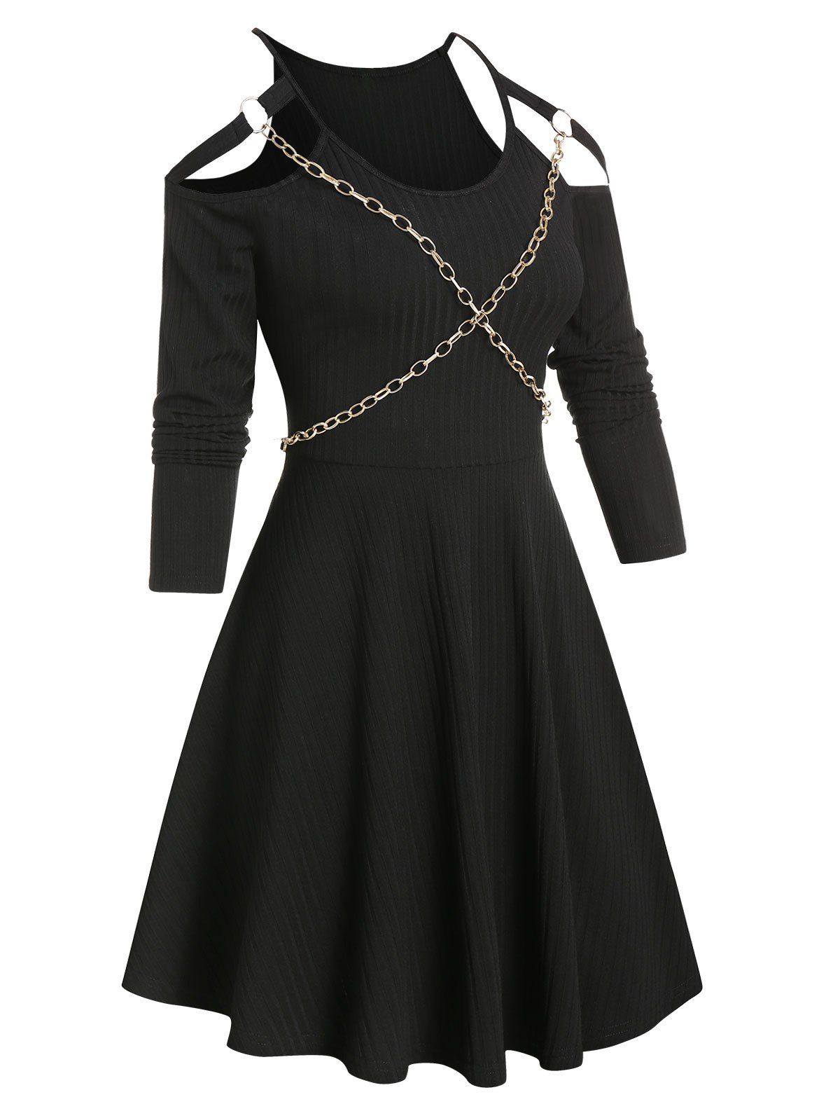 

Chain Detail Ribbed Cold Shoulder Gothic Dress, Black