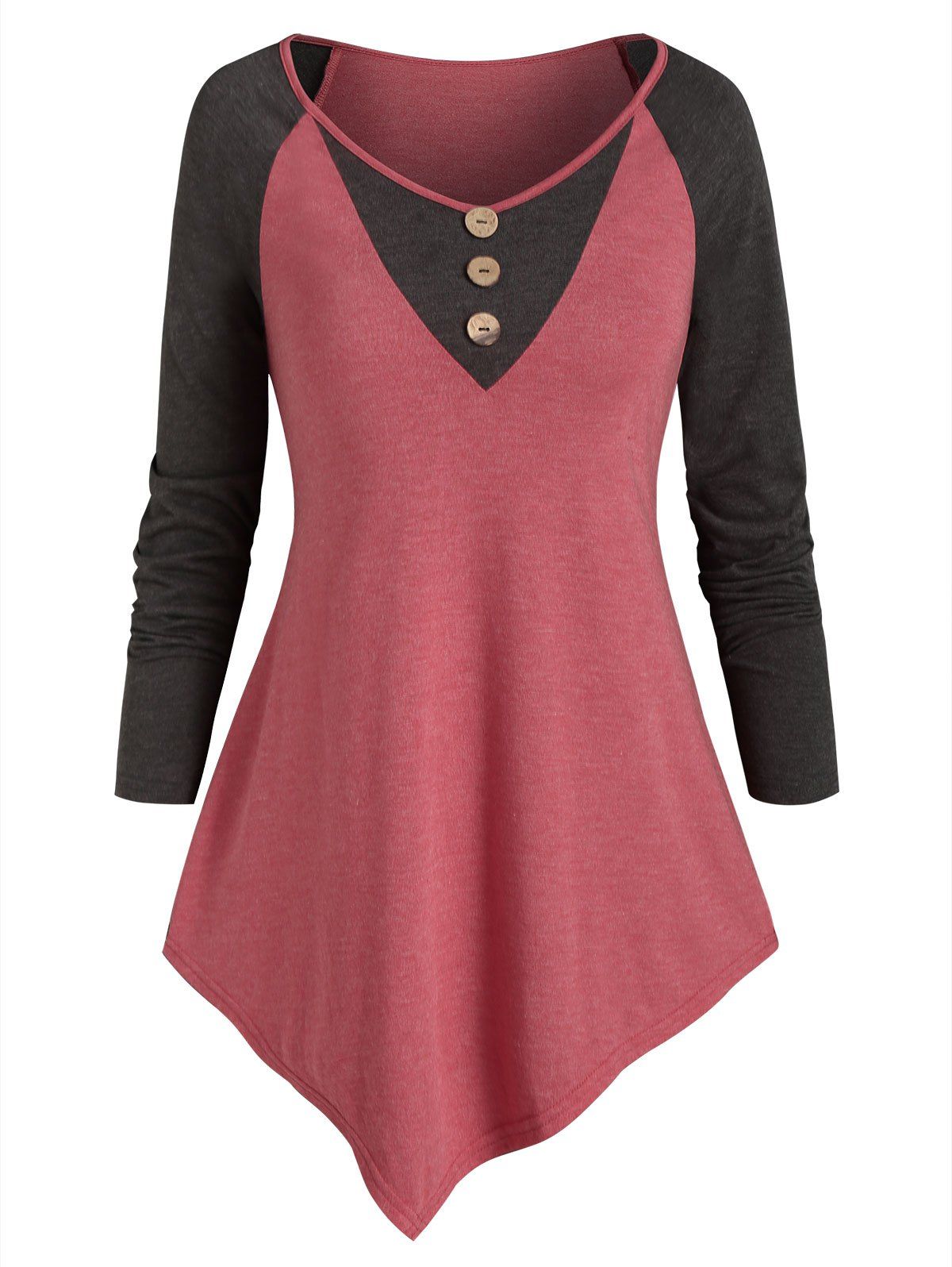 

Raglan Sleeve Asymmetric Contrast T-shirt, Cherry red