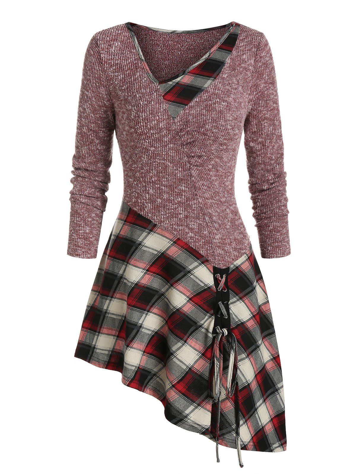 

Plaid Print Lace-up Ribbed Asymmetric Sweater, Red wine
