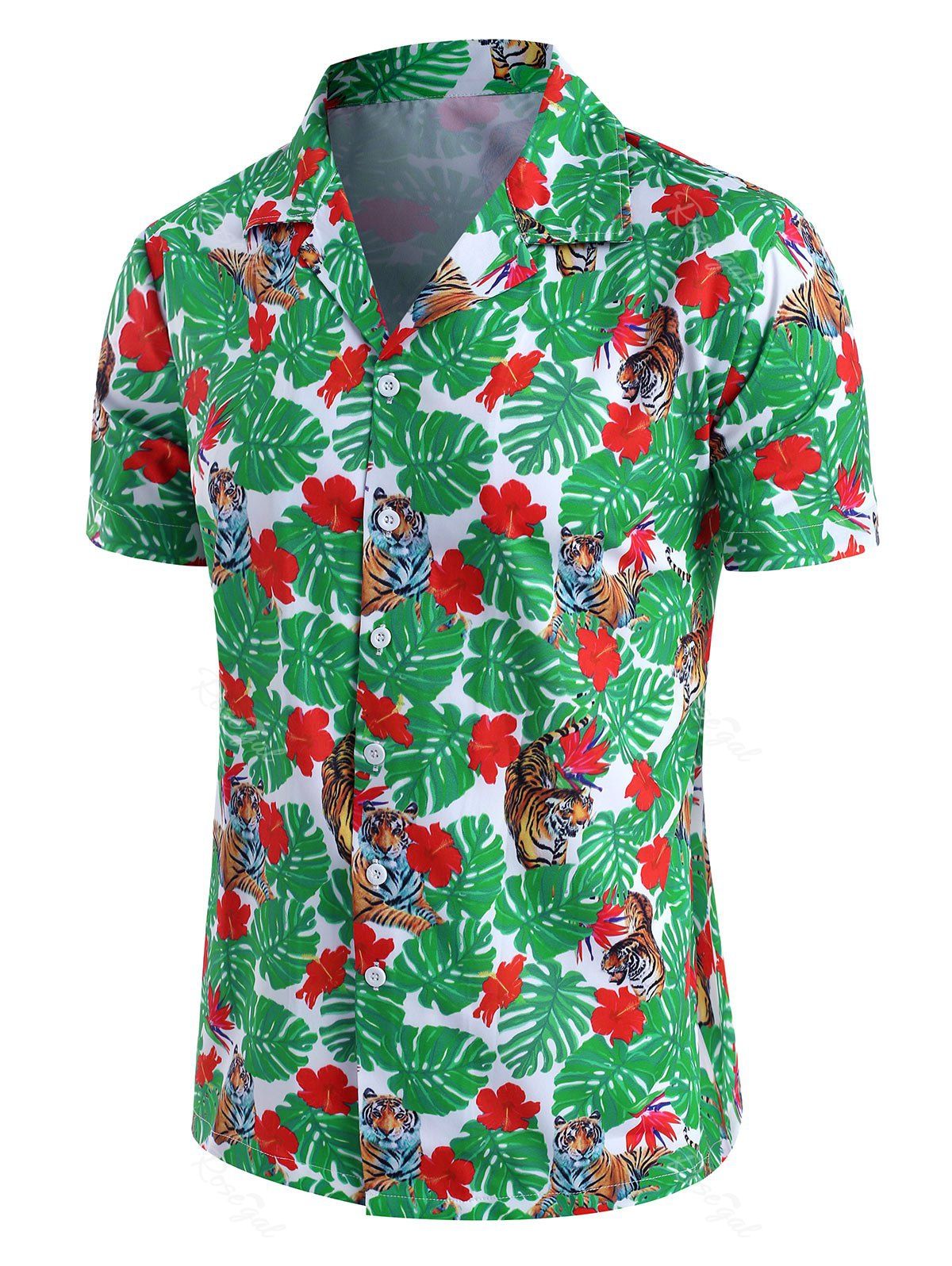Latest Tropical Leaf Tiger Print Beach Button Up Short Sleeve Shirt  