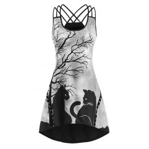 

Tree Cat Print Crisscross Grommet Dip Hem Dress, Light gray