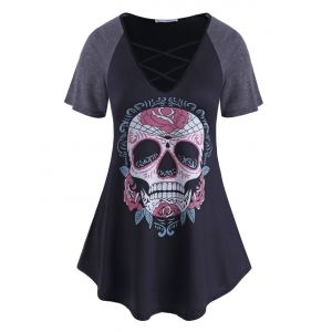 

Plus Size Halloween Crisscross Skull Print T Shirt, Black