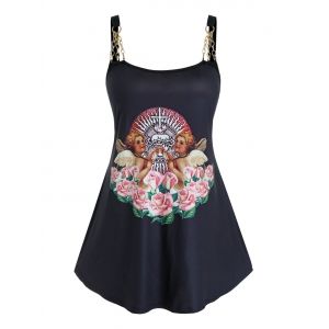 

Plus Size Renaissance Art Chains Angel Pattern Curved Tank Top, Black