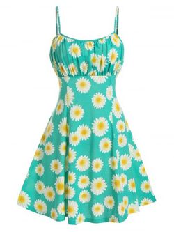 Sunflower Print Ruched Mini Cami Dress - TURQUOISE - XL