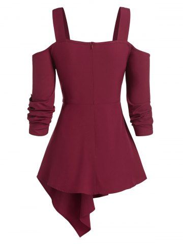 

O-ring Strap Cold Shoulder Asymmetric Blouse, Red wine