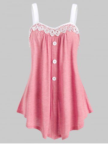 Lace Panel Button Embellished Casual Tank Top - LIGHT PINK - XL