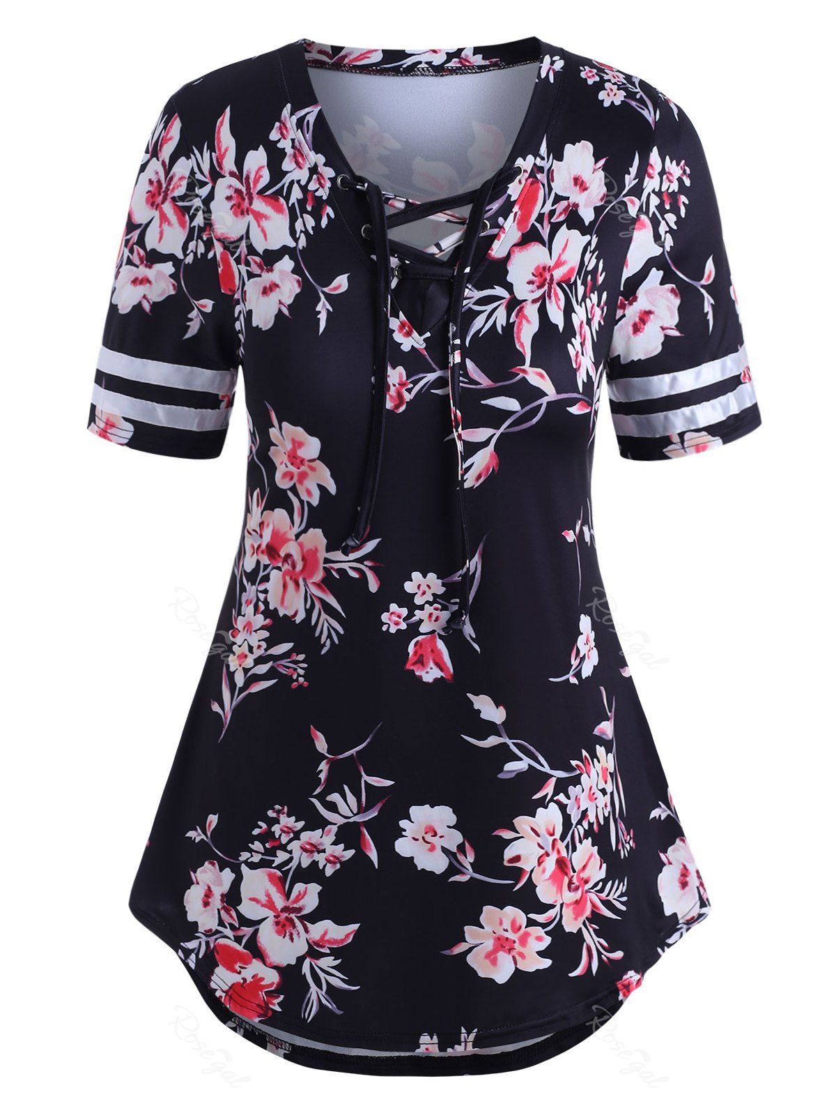 

Plus Size Lace Up Floral Print T Shirt, Black