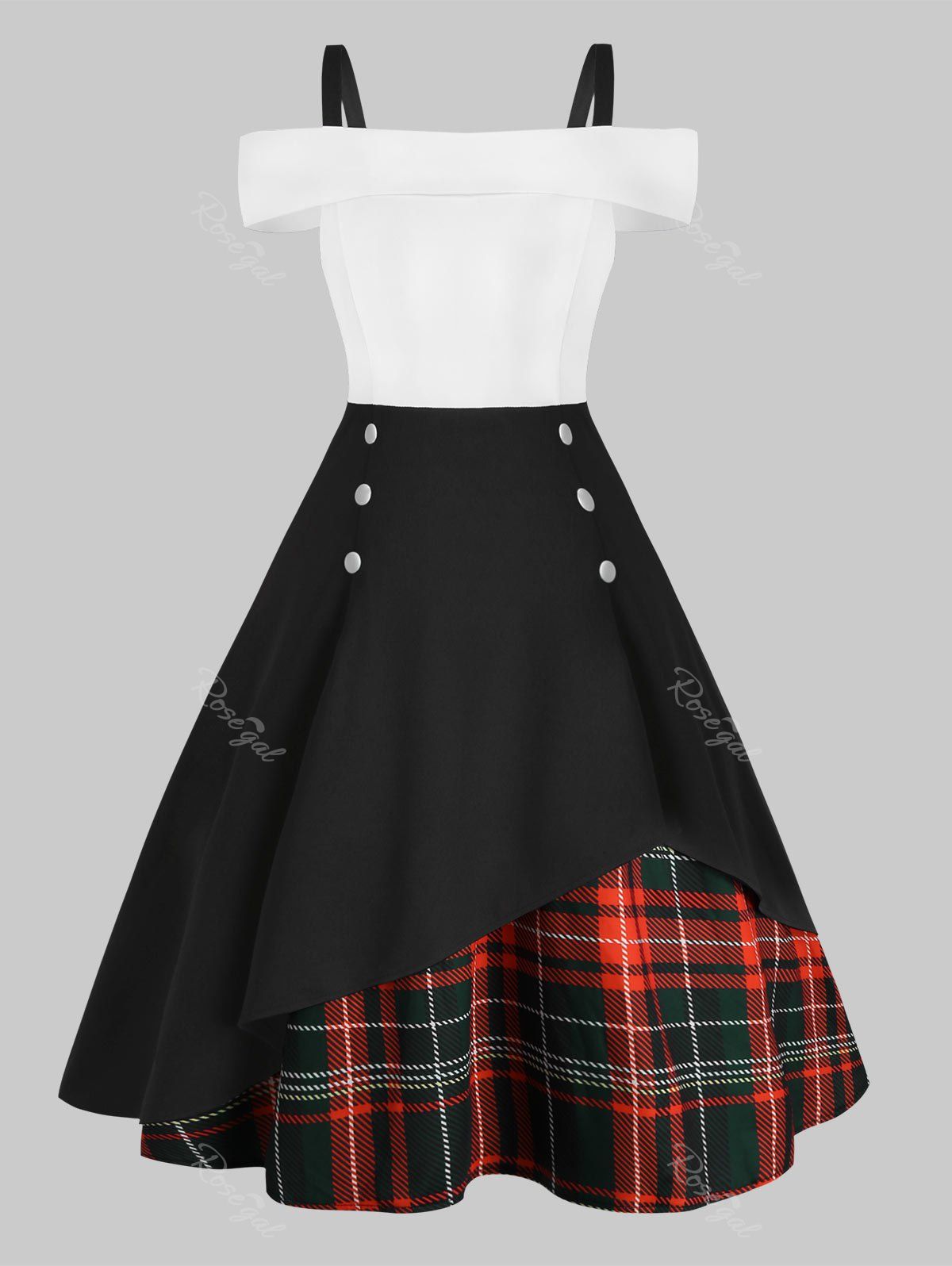 

Plus Size Plaid Panel Cold Shoulder 1950S Dress, Black