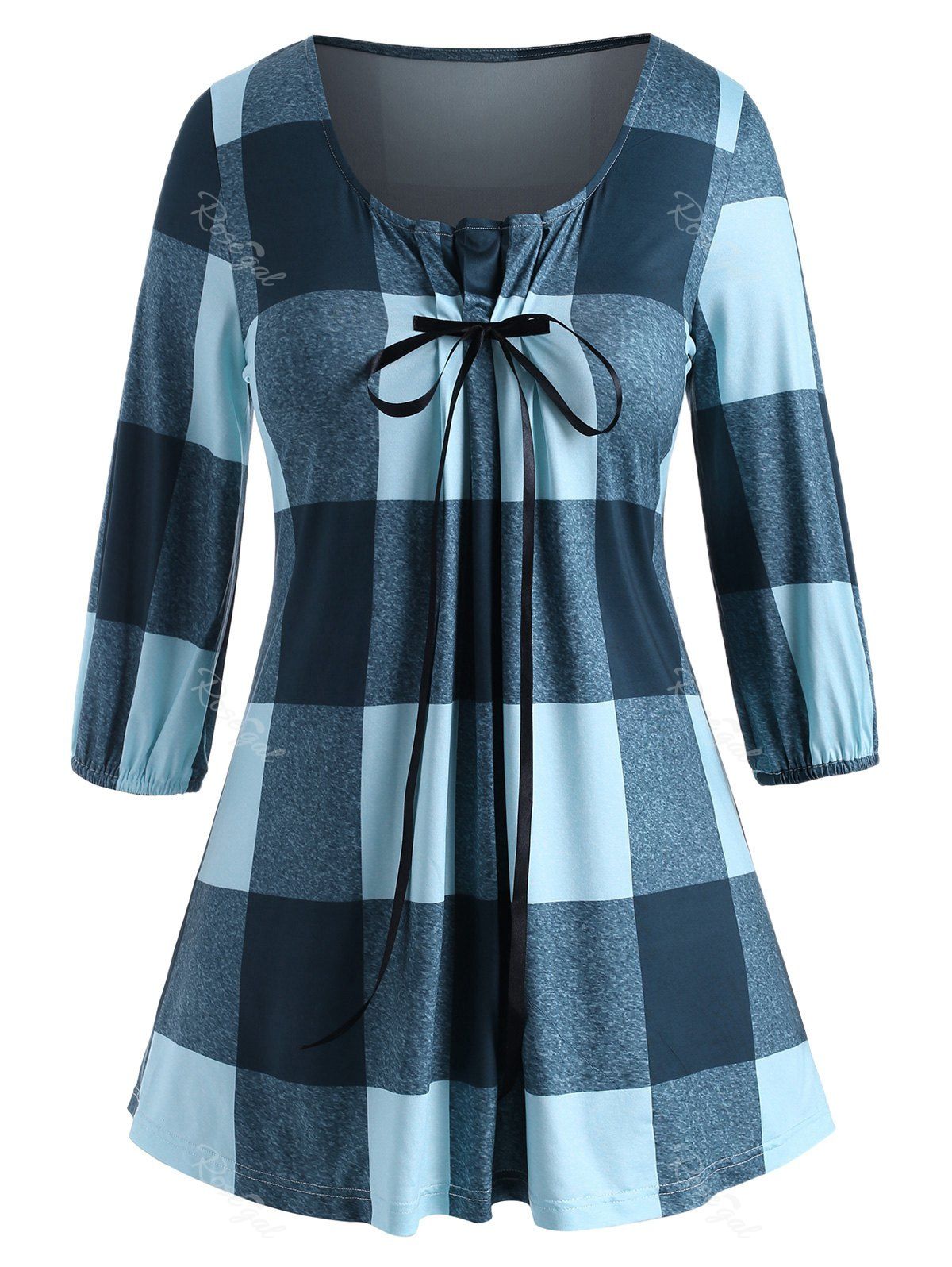 

Bowknot Pleated Panel Plaid Plus Size Top, Blue