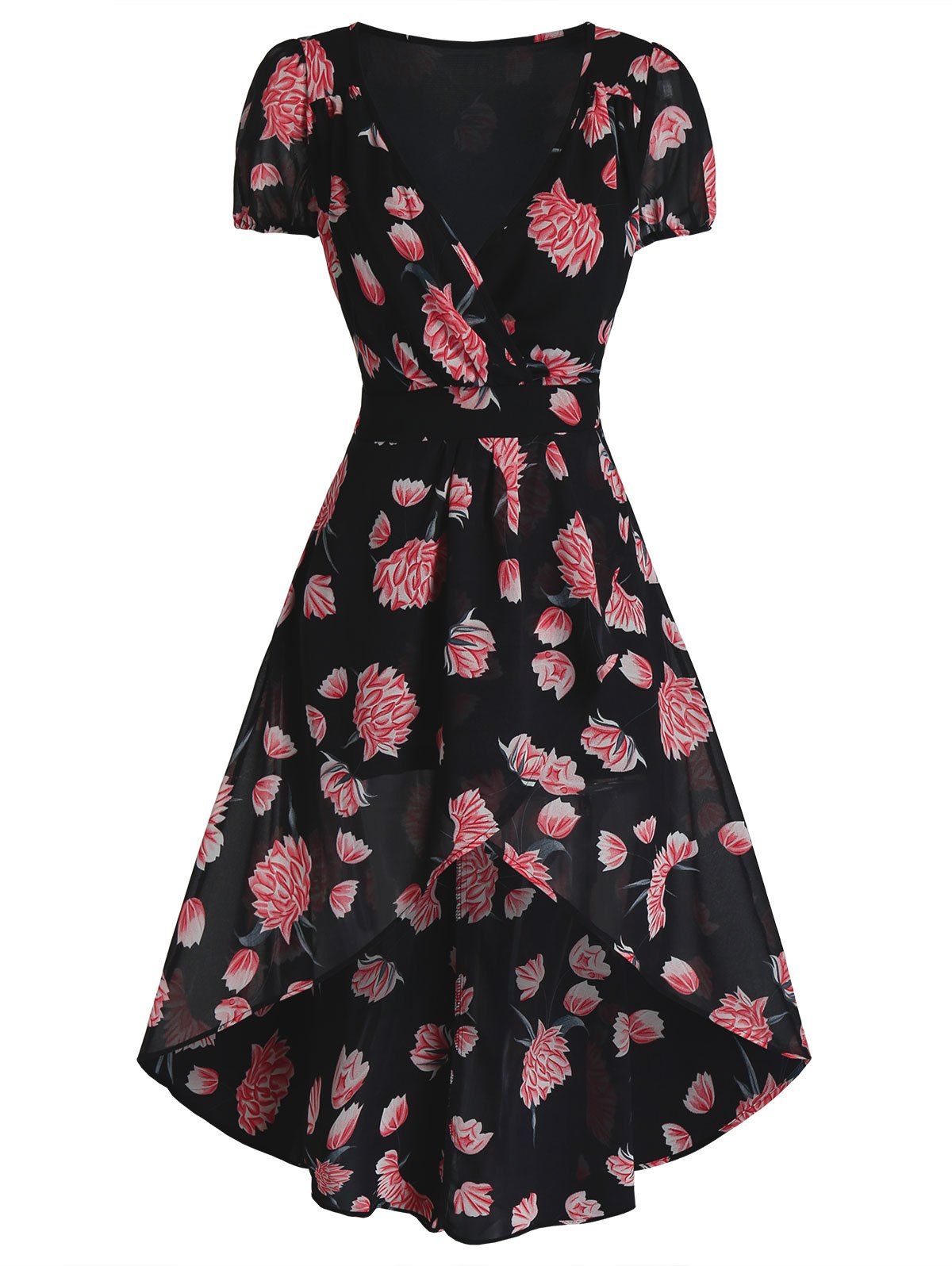

Flower Print Plunge Neck High Low Surplice Dress, Black