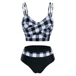 

Tartan Print Crisscross Padded Tankini Swimwear, Black