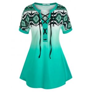 

Plus Size Geometric Print Lace-up Ombre Cuffed Sleeve Tee, Green