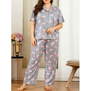 

Plus Size Cartoon Cat Print PJ Set, Light gray