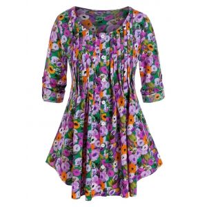 

Plus Size Flower Pleated Buttoned Tab Sleeve Curved Blouse, Multi