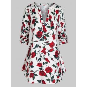 

Plus Size Flower V Notch Button Tab Sleeve Tunic Blouse, Warm white