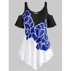 

Plus Size Asymmetric Cold Shoulder Floral T Shirt, Blue