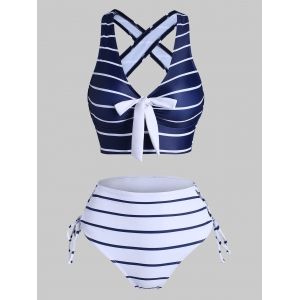 

Striped Criss Cross Lace Up High Waisted Tankini Swimwear, Deep blue