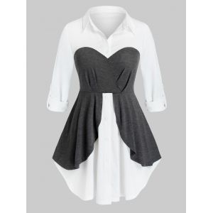 

Plus Size Two Tone Bicolor Button Tab Sleeve Curved Blouse, Gray