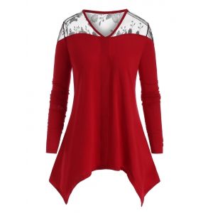 

Plus Size Handkerchief Mesh Insert T Shirt, Deep red